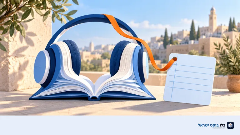 ספר פתוח שדפיו הופכים לאוזניות לצד כרטיס ספרייה ריק וסימנייה כתומה
