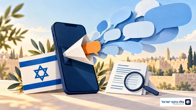 איור של טלפון שמגביר בועות דיבור, לצד דגל ישראל, מסמך וזכוכית מגדלת.